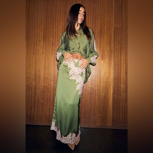 Lace Trim Satin Shirt - Picture 2 of 12